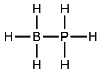 This Lewis structure is composed of a boron atom single bonded to a phosphorus atom. Each of these atoms is single bonded to three hydrogen atoms.