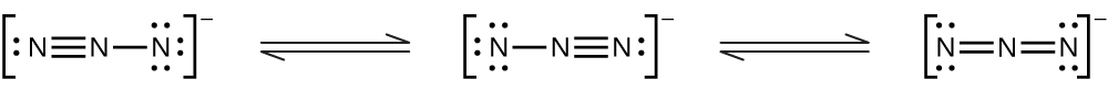 Three Lewis structures are shown and connected by double-headed arrows in between. The left structure shows a nitrogen atom with a lone pair of electrons triple bonded to a second nitrogen which is single bonded to a third nitrogen. The third nitrogen has three lone pairs of electrons. The entire structure is surrounded by brackets, and outside and superscript to the brackets is a negative sign. The middle structure shows a nitrogen atom with three lone pair of electrons single bonded to a second nitrogen which is triple bonded to a third nitrogen. The third nitrogen which has one lone pair of electrons. The entire structure is surrounded by brackets, and outside and superscript to the brackets is a negative sign. The right structure shows a nitrogen atom with two lone pairs of electrons double bonded to a second nitrogen which is double bonded to a third nitrogen. The third nitrogen atom has two lone pairs of electrons. The entire structure is surrounded by brackets, and outside and superscript to the brackets is a negative sign.