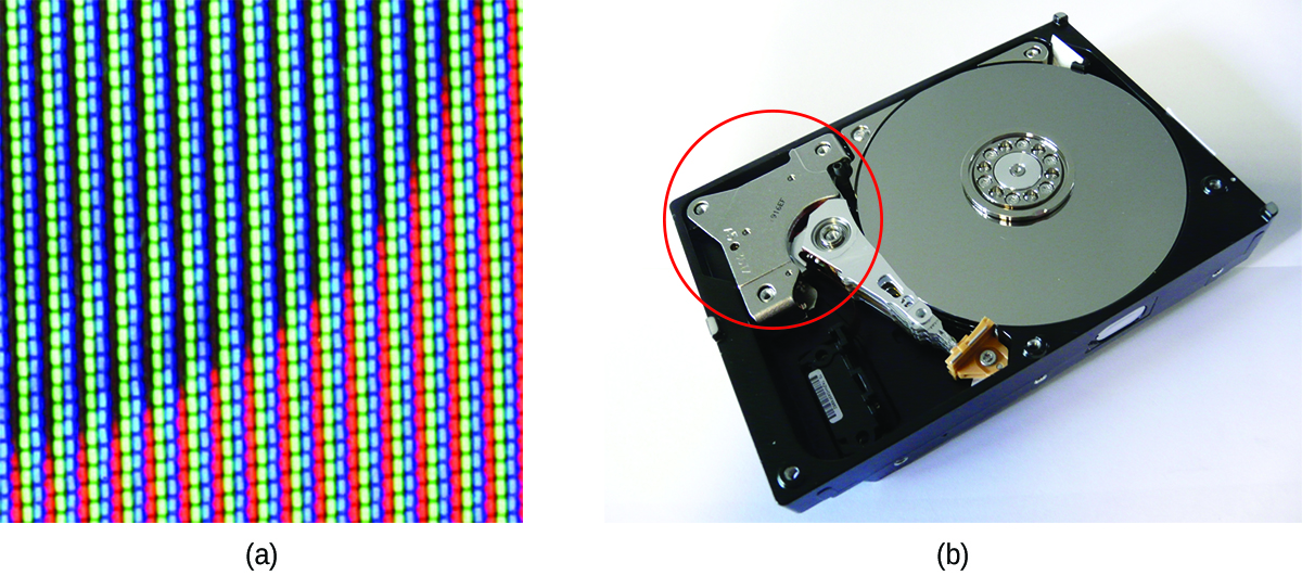 This figure contains two images. Figure a shows a background with approximately half of the background to the upper right covered by a dark blue quarter circle. The remainder of the background is red. On top of this surface are 15 vertical columns of light blue dots, which are evenly spaced with gaps between them approximately equal to the width of the columns. In figure b, a computer hard drive is shown. It consists of a thin black plastic rectangular frame on which a thin disk with a metallic appearance is placed. A curved grey shape lies outside of this disk in the rectangular frame and is circled in red. This curved shape has a thin, pointed extension that reaches to the surface of the metallic disk.