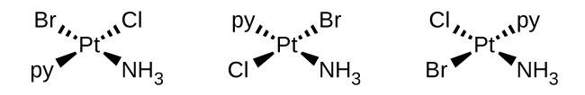 Three structures are shown. At the center of each is a P t atom. From this atom in the first structure on the left, a single bond represented by a dashed wedge extends from a vertex at the P t atom up and to the right to a C l atom. Similarly, a single bond represented by a solid wedge extends from a vertex at the P t atom down and to the right to the N atom of an N H subscript 3 group. Another single bond represented by a dashed wedge extends from a vertex at the P t atom up and to the left to a B r atom. Similarly, a single bond represented by a solid wedge extends from a vertex at the P t atom down and to the left to p y. The middle structure shows a single bond represented by a dashed wedge extending from a vertex at the P t atom up and to the right to a B r atom. Similarly, a single bond represented by a solid wedge extends from a vertex at the P t atom down and to the right to the N atom of an N H subscript 3 group. Another single bond represented by a dashed wedge extends from a vertex at the P t atom up and to the left to p y. Similarly, a single bond represented by a solid wedge extends from a vertex at the P t atom down and to the left to a to a C l atom. The third structure shows a single bond represented by a dashed wedge extending from a vertex at the P t atom up and to the right to p y. Similarly, a single bond represented by a solid wedge extends from a vertex at the P t atom down and to the right to the N atom of an N H subscript 3 group. Another single bond represented by a dashed wedge extends from a vertex at the P t atom up and to the left to a C l atom. Similarly, a single bond represented by a solid wedge extends from a vertex at the P t atom down and to the left to a B r atom.;