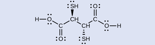 A structure is shown that has an H atom on the far left which is single bonded to an O atom to its right. This atom is bonded to a C atom just below and to the right. This C atom has a double bonded O atom below and is bonded to the C atom of a C H group. Above this C atom, a solid wedge extends upward to the S atom of an S H group. A bond extends from this last C atom to another C atom of a second C H group below and to the right. A dashed wedge extends from this C atom to the S of an S H group below. A single bond extends up and to the right of the C atom to another C atom. This last C atom has a double bonded O atom above. A single bond extends to a second O atom below and to the right. To the right of this O atom, an H atom is connected with a single bond. All S and O atoms in the structure are shown with two unshared pairs of electron dots.