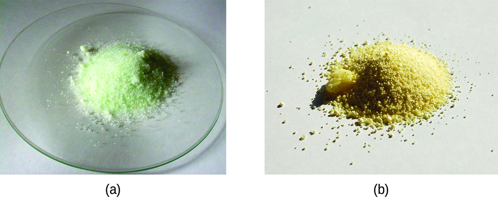 Two photos are shown. Photo a on the left shows a small mound of a white crystalline powder with a very faint yellow tint on a watch glass. Photo b shows a small mound of a yellow-tan crystalline powder.