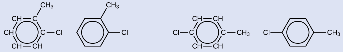 Two pairs of structural formulas are shown. The first has a six carbon hydrocarbon ring in which four of the C atoms are each bonded to only one H atom. At the upper right of the ring, the C atom that does not have a bonded H atom has a C H subscript 3 group attached. The C atom to the right has a C l atom attached. A circle is at the center of the ring. The second molecule in the first pair has a hexagon with a circle inside. From a vertex of the hexagon at the upper right a C H subscript 3 group is attached. From the vertex at the right, a C l atom is attached. The second pair first shows a six carbon hydrocarbon ring in which four of the C atoms are each bonded to only one H atom. A C l atom is attached to the left-most C atom and a C H subscript 3 group is attached to the right-most C atom. A circle is at the center of the ring. The second molecule in the pair has a hexagon with a circle inside. A C H subscript 3 group is attached to a vertex on the right side of the hexagon and to a vertex on the left side, a C l atom is bonded.