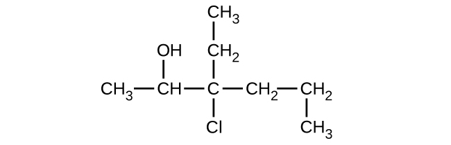 This shows a C H subscript 3 group bonded to a C H group. The C atom in the C H group is bonded to an O H group. The C H group is bonded to a C atom. The C atom is bonded below to a C l atom and above to a C H subscript 2 group. The C atom in the C H subscript 2 group is also bonded to a C H subscript 3 group. The C atom is also bonded to a C H subscript 2 group to the right. This C H subscript 2 group is bonded to another C H subscript 2 group. Below this second C H subscript 2 group a C H subscript 3 group is bonded.