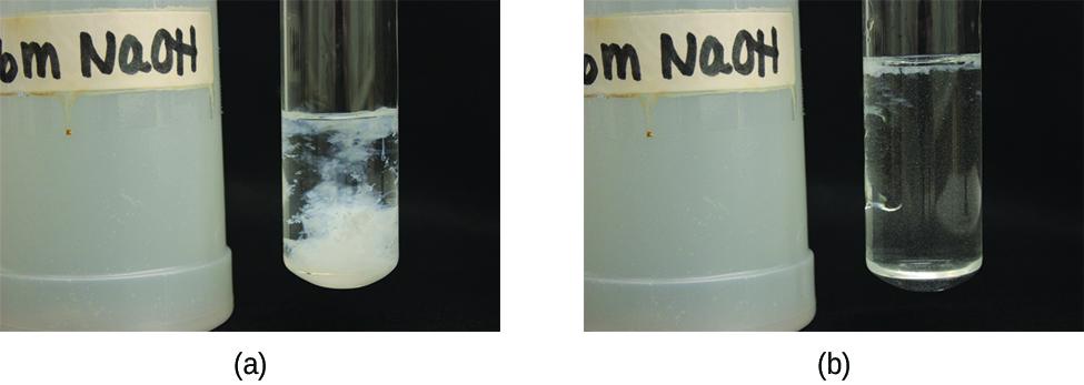 This figure has two photos. The first photo shows a bottle labeled NaOH and a test tube containing a liquid. A white substance appears to be in the liquid. The second photo is set up similarly, but the test tube now contains only a clear liquid.