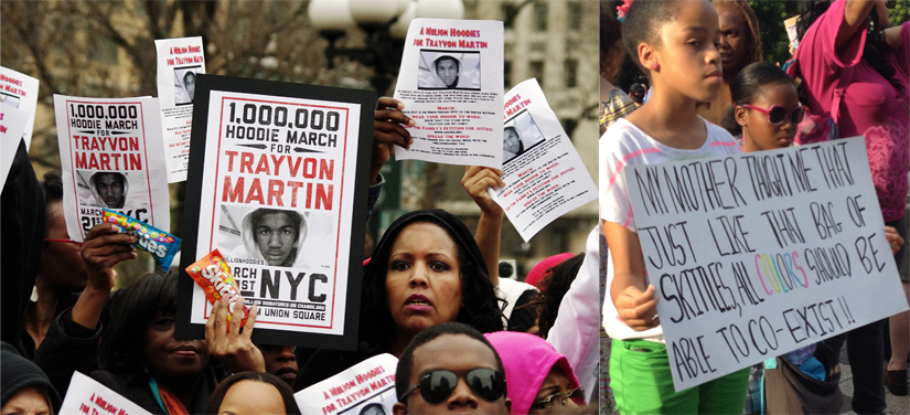 Two photographs depict people holding signs at a rally in protest of the death of Trayvon Martin.  An African American woman in the photograph on the left holds a sign with the text 'one million hoodie march for Trayvon Martin,' in one hand, and a bag of skittles in the other.  A young African American girl in the photograph on the right holds a sign with the text 'My mother taught me that just like that bag of skittles, all colors should be able to co-exist!!'