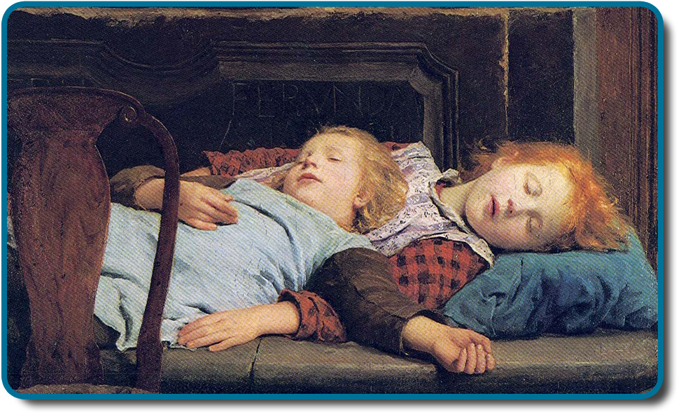 A painting shows two children sleeping.