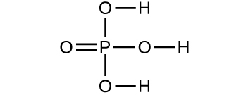 A structure is shown. A P atom forms a double bond with an O atom. It also forms a single bond with an O atom which forms a single bond with an H atom. It also forms a single bond with another O atom which forms a single bond with an H atom. It also forms a single bond with another O atom which forms a single bond with an H atom.