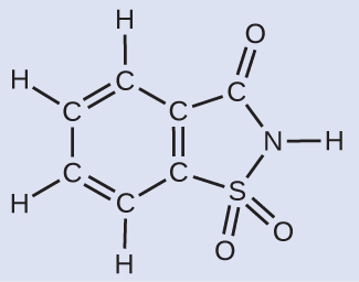 A diagram of a molecule is shown that is made up of two ring structures attached together. The left ring is hexagonal in shape with C atoms at each point of the ring and alternating single and double bonds. A double bond occurs between the C atom at the top vertex of the hexagon and the C atom down and to the left of it. The C atoms on the left, top, and bottom of the structure form a single bond to an H atom each. The two right C atoms make up one side of a pentagon and the other points of the pentagon are made up of a C atom, an N atom, and an S atom if read clockwise. The C atom forms a double bond with an O atom. The N atom forms a single bond with an H atom. The S atom forms two double bonds to two O atoms.