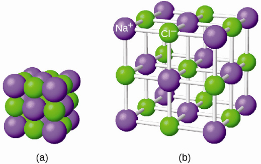 Two diagrams are shown and labeled “a” and “b.” Diagram a shows a cube made up of twenty-seven alternating purple and green spheres. The purple spheres are smaller than the green spheres. Diagram b shows the same spheres, but this time, they are spread out and connected in three dimensions by white rods. The purple spheres are labeled “N superscript postive sign” while the green are labeled “C l superscript negative sign.”