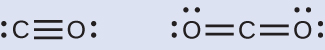 Two Lewis structures are shown. The left shows a carbon triple bonded to an oxygen, each with a lone electron pair. The right structure shows a carbon double bonded to an oxygen on each side. Each oxygen has two lone pairs of electrons.