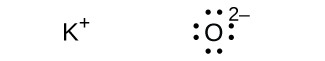 Two Lewis structures are shown. The left shows the symbol K with a superscripted positive sign while the right shows the symbol O surrounded by eight dots and a superscripted two negative sign.