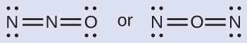 Two Lewis structures are shown with the word “or” in between them. The left structure depicts a nitrogen atom with two lone pairs of electrons double bonded to a nitrogen that is double bonded to an oxygen with two lone pairs of electrons. The right structure shows a nitrogen atom with two lone pairs of electrons double bonded to an oxygen atom that is double bonded to a nitrogen atom with two lone pairs of electrons.