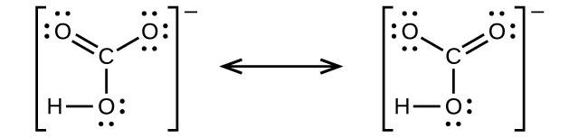 Two Lewis structures are shown, with a double-headed arrow in between, each surrounded by brackets and a superscripted negative sign. The left structure depicts a carbon atom bonded to three oxygen atoms. It is single bonded to one of these oxygen atoms, which has three lone pairs of electrons, and double bonded to the other two, which have two lone pairs of electrons. One of the double bonded oxygen atoms also has a single bond to a hydrogen atom. The right structure is the same as the first, but there is only one double bonded oxygen. The oxygen with the single bonded hydrogen now has a single bond to the carbon atom. The lone pairs of electrons have also changed to correspond with the bonds.