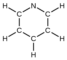 A Lewis structure depicts a hexagonal ring composed of five carbon atoms and one nitrogen atom. Each carbon atom is single bonded to a hydrogen atom.