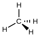 A Lewis structure shows a carbon atom single bonded to four hydrogen atoms. This structure uses wedges and dashes to give it a three dimensional appearance.