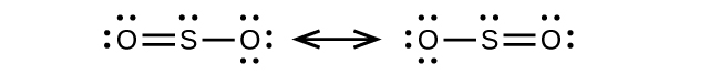 Two Lewis structure are shown, connected by a double-ended arrow. The left structure shows a sulfur atom with one lone pair of electrons double bonded to an oxygen atom with two lone pairs of electrons on the left and single bonded to an oxygen atom with three lone pairs of electrons on the right. The right structure shows the same molecule, except that the double bonded oxygen is on the right side of the sulfur and the single bonded oxygen is to the left of the sulfur.