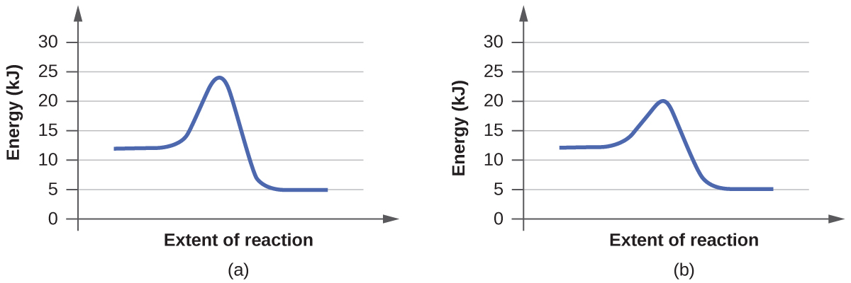 In this figure, two graphs are shown. The x-axes are labeled, “Extent of reaction,” and the y-axes are labeled, “Energy (k J).” The y-axis of the first graph is marked off from 0 to 30 in intervals of 5. The y-axis of the second graph is marked off from 0 to 25 by intervals of 5. In a, a blue curve is shown. It begins with a horizontal region at about 12. The curve then rises sharply near the middle to reach a maximum of about 24 and similarly falls to another horizontal segment at 5. In b, the curve begins and ends similarly, but the maximum reached near the center of the graph is only 20.