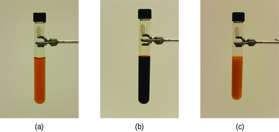 Three capped test tubes held vertically in clamps are shown in pictures labeled, “a,” “b,” and “c.” The test tube in picture a is half filled with a clear, orange liquid. The test tube in picture b is half filled with a dark, burgundy liquid. The test tube in picture c is half filled with a slightly cloudy, orange liquid.