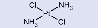 A structure is shown with a central P t atom. From this atom, single bonds represented by short line segments extend from the P t atom up and to the right and below and to the left to the N atom of N H subscript 3 groups. Similarly, two additional single bonds extend up and to the left and down and to the right to C l atoms. 