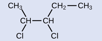 C H subscript 3 is bonded down and to the right to C H which is bonded down and to the left to C l. C H is also bonded to another C H which is bonded down and to the right to C l and up and to the right to C H subscript 2. C H subscript 2 is also bonded to C H subscript 3.