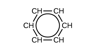 A six carbon hydrocarbon ring structural formula is shown. Each C atom is bonded to only one H atom. A circle is at the center of the ring.