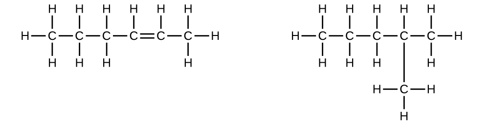 Two structural formulas are shown. In the first, a chain of six carbon atoms with a single double bond between carbons two and three counting right to left across the molecule is shown with twelve total H atoms bonded. H atoms are bonded at each end of the molecule as well as above. H atoms are also bonded below all C atoms except those involved in the double bond. In the second structure, a hydrocarbon chain of five C atoms connected by single bonds is shown. A single C with three attached H atoms is bonded beneath the second carbon counting right to left across the molecule.