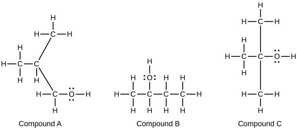 This figure shows three molecular structures labeled compound A, compound B, and compound C. In A, a C atom is shown bonded the three H atoms and a second C atom. This C atom is bonded to one H atom. Up and to the right it is bonded to another C atom which is bonded to three H atoms. Down and to the left it is bonded to another C atom which is bonded to two H atoms and an O atom. The O atom is bonded to an H atom. The O atom has two pairs of electron dots. In B, a C atom is bonded to three H atoms and another C atom. This second C atom is bonded to an H atom and an O atom. The O atom has two pairs of electron dots and is bonded to an H atom. The second C atom is bonded to third C atom which is bonded to two H atoms. The third C atom is bonded to a fourth C atom which is bonded to three H atoms. In C, a C atom is bonded to three H atoms and another C atom. This C atom is bonded above to another C atom which is bonded to three H atoms, and below to a C atom which is bonded to three H atoms. It is also bonded to an O atom which is bonded to an H atom. The O atom has two pairs of electron dots.