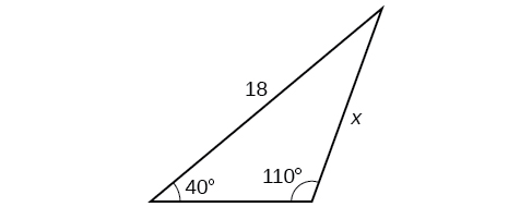 A triangle. One angle is 40 degrees with opposite side = x. Another angle is 110 degrees with side opposite = 18.