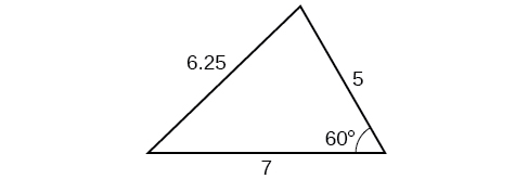 A triangle. One angle is 60 degrees with opposite side 6.25. The other two sides are 5 and 7. 