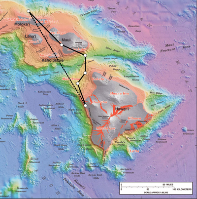 Some Hawaiian Islands like Kauai Oahu, Molokai, Lanai, Maui, Kahoolawe, and Hawaii are shown. On the scale map of Hawaiian Islands the path of a journey is shown moving from Hawaii to Molokai. The path of the journey is turning at different angles and finally reaching its destination. The displacement of the journey is shown with the help of a straight line connecting its starting point and the destination.