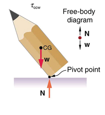 A pencil is tilted toward left so that the line of action of its weight is toward left of the pivot point which is the left end of the flat end of the pencil.