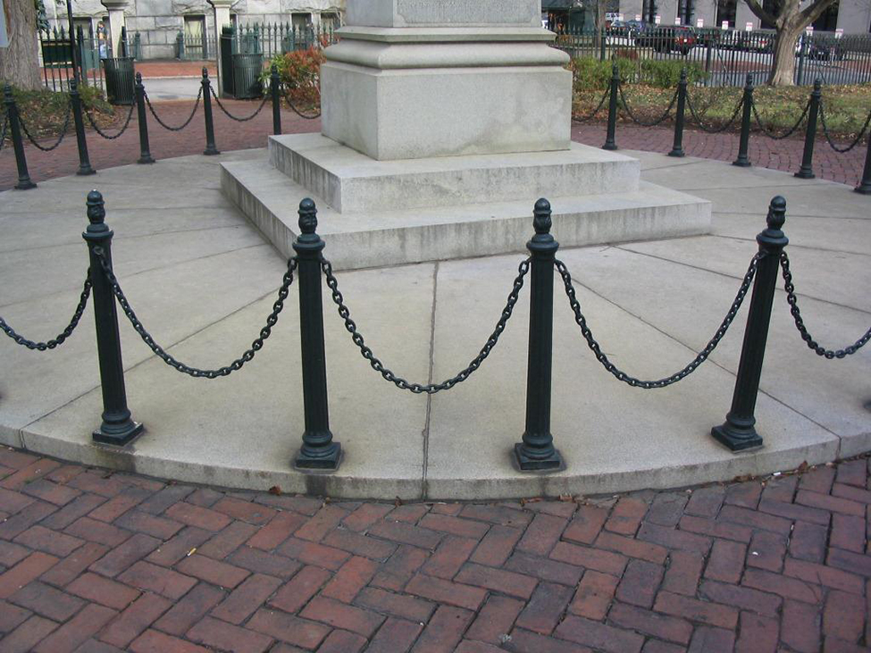 An image of chains hanging between posts that all take the shape of a catenary.