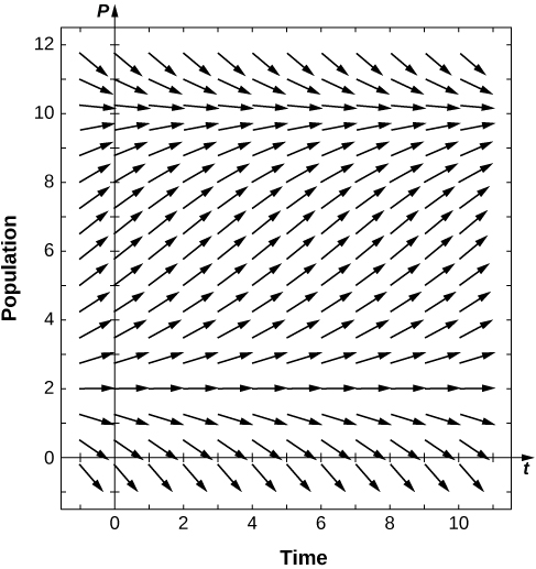 A direction field with arrows pointing horizontally to the right along y = 2 and y = 10. For P < 2, the arrows point down and to the right. For 2 < P < 10, the arrows point up and to the right. For P > 10, the arrows point down and to the right. The further the arrows are from 2 and 10, the steeper they become, and the closer they are from 2 and 10, the more horizontal the arrows become.