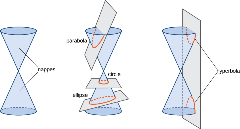 This figure has three figures. The first figure shows a plain cone with two nappes. The second figure shows a cone with a plane through one nappes and the circle at the top, which creates a parabola. There is also a circle, which occurs when a plane intersects one of the nappes while parallel to the circular bases. There is also an ellipse, which occurs when a plane insects one of the nappes while not parallel to one of the circular bases. Note that the circle and the ellipse are bounded by the edges of the cone on all sides. The last figure shows a hyperbola, which is obtained when a plane intersects both nappes.