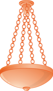 This figure shows a light fixture hung from a ceiling, supported by 4 chains from the same point on the ceiling to four points spread evenly around the light fixture.