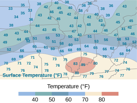 A contour map showing surface temperature in degrees Fahrenheit. Given the map, the midpoint rule would give rectangles with values 71, 72, 40, and 43.