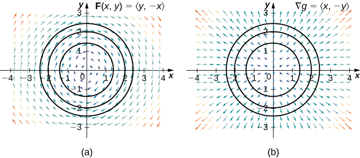 Two vector fields in two dimensions. The first has arrows surrounding the origin in a clockwise circular pattern. The second has arrows pointing out and away from the origin in a radial manner. Circles with radii 1.5, 2, and 2.5 and centers at the origin are drawn in both. The arrows near the origin are shorter than those much further away. The first is labeled F(x,y) = <y, -x> and the second is labeled for the gradient, delta g = <x, -y>.