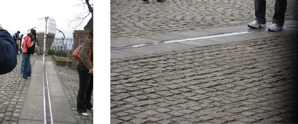 Royal Greenwich Observatory in England. Two images of tourists walking on and near the prime meridian marker in England.