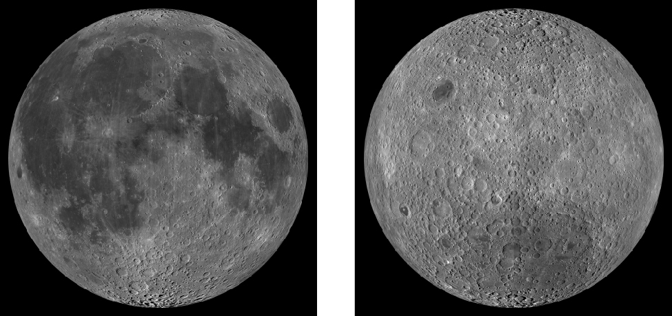 The Two Sides of the Moon. The left image shows part of the Moon’s hemisphere that faces Earth; several dark maria and rayed craters are visible. The right image shows part of the Moon that faces away from Earth; it is dominated by highlands and is more heavily cratered.