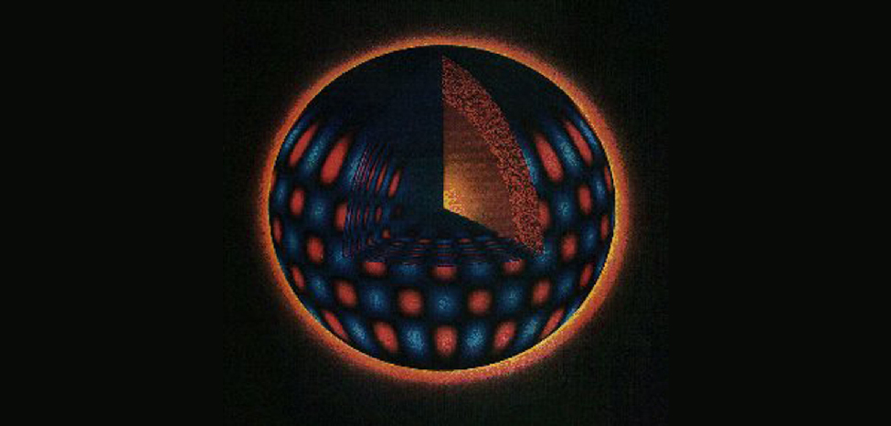 Computer Simulation of Oscillations in the Sun. In this spherical cutaway diagram of the Sun, a triangular wedge shaped portion has been removed from the upper half of the sphere to expose the interior, with surface features shown in the lower half of the diagram. Moving radially outward from the center of the sphere to the surface are alternating regions of red and blue.