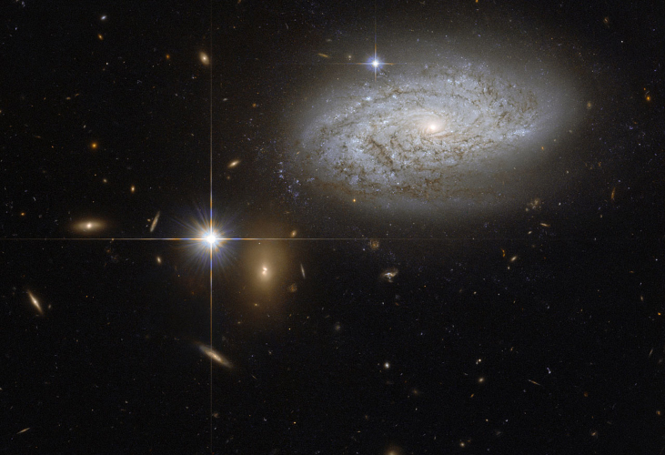 Type Ia Supernova. The very bright star to the left of center is a type Ia supernova at the outskirts of the spiral galaxy seen at upper right.