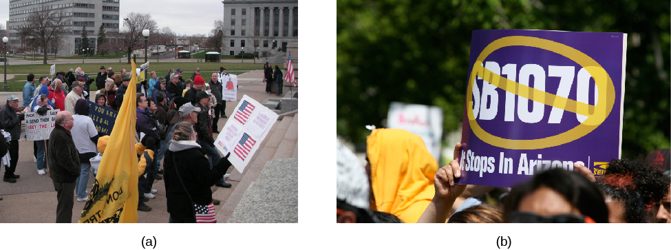 Image A shows a group of people with signs and flags. Image B shows a sign held above a crowd; the sign shows “SB1070” crossed out. Underneath, it states, “It stops in Arizona”.