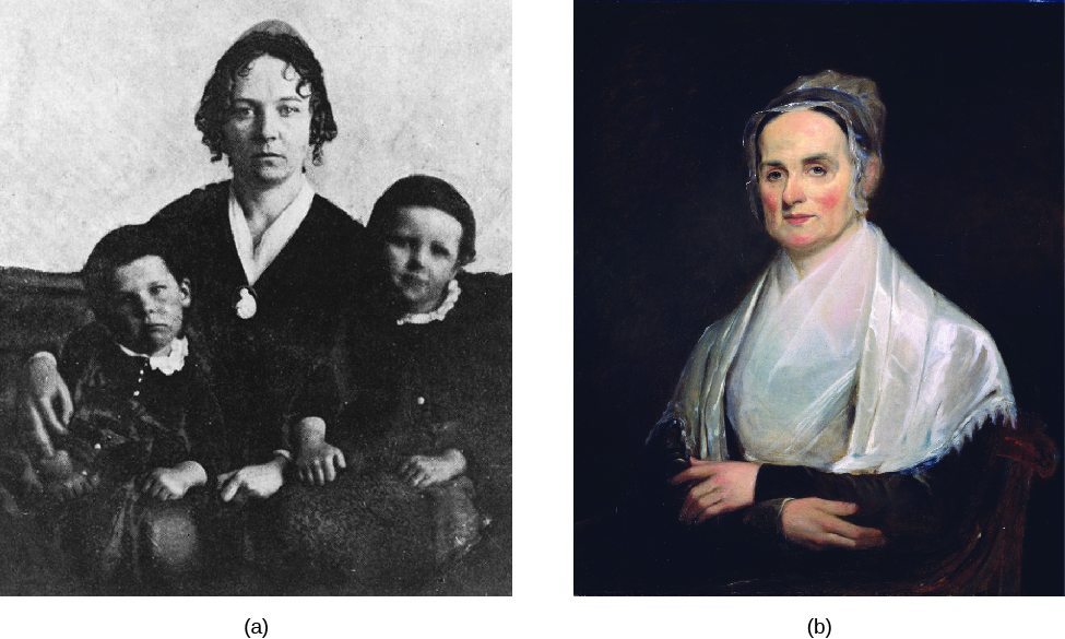 Image A is of Elizabeth Cady Stanton with her arms around two children who are seated on her lap. Image B is of Lucretia Mott standing with arms crossed.