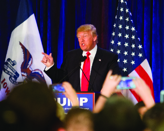 Photo shows Donald Trump speaking at a podium.