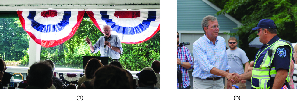 Image A is of Bernie Sanders speaking to a group of seated people. Image B is of John Ellis “Jeb” Bush shaking hands with another person.