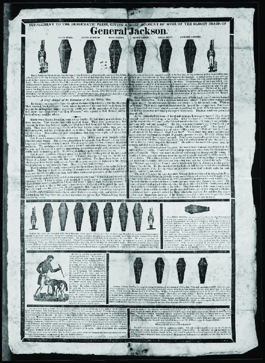 An image of a handbill from the 1828 presidential election. The top reads “General Jackson” underneath which are several coffins.