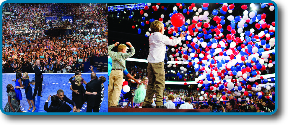 The image on the left is of Obama and his family in front of a large crowd of people. The image on the left is of several children on a stage in front of a large crowd of people. A large number of balloons are falling from above.