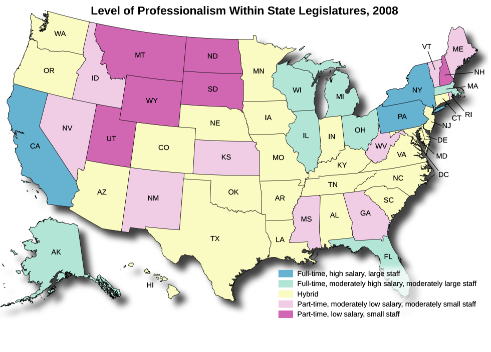 A map of the United States titled “Level of Professionalism Within State Legislatures, 2008”. California, Pennsylvania, and New York are marked “Full-time, high salary, large staff”. Alaska, Florida, Wisconsin, Illinois, Michigan, Ohio, and Massachusetts, are marked “Full-time, moderately high salary, moderately large staff”. Washington, Oregon, Arizona, Colorado, Nebraska, Oklahoma, Texas, Minnesota, Iowa, Missouri, Arkansas, Louisiana, Indiana, Kentucky, Tennessee, Alabama, South Carolina, North Carolina, Virginal, DC, Maryland, Delaware, New Jersey, Connecticut, and Hawaii are marked “Hybrid”. Idaho, Nevada, New Mexico, Kansas, Mississippi, Georgia, West Virginia, Rhode Island, Vermont, and Maine are marked “Part-time, moderately low salary, moderately small staff”. Montana, Wyoming, Utah, North Dakota, South Dakota, and New Hampshire are marked “Part-time, low salary, low staff”.