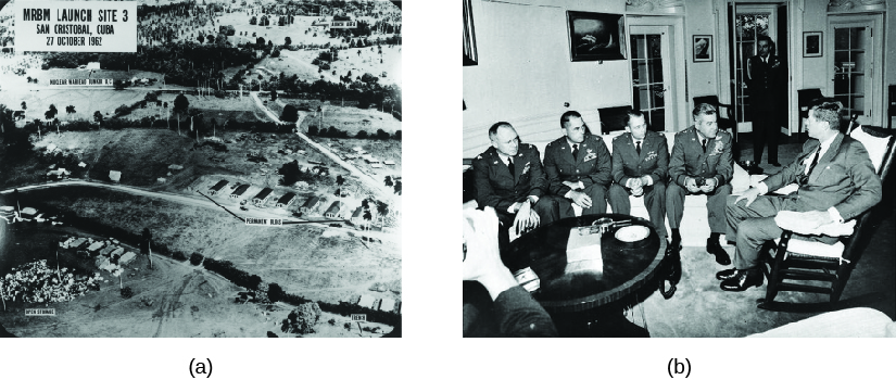 Image A is an aerial view of San Cristobal, Cuba, showing a mission launch site. Image B is of John Kennedy meeting with four pilots.